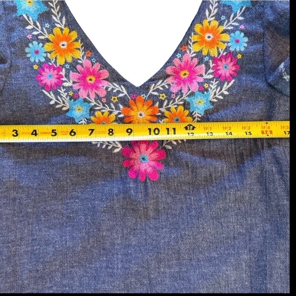 Boho Chambray Embroidered Floral Shift Dress Linen Blend Small - Picture 5 of 6